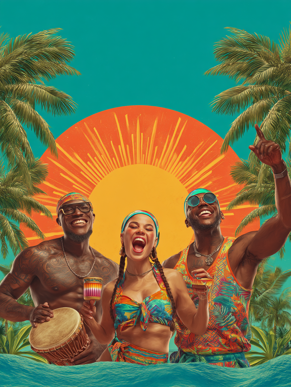 Vibrant Tropical Resort Portrait of Three Celebrating Models