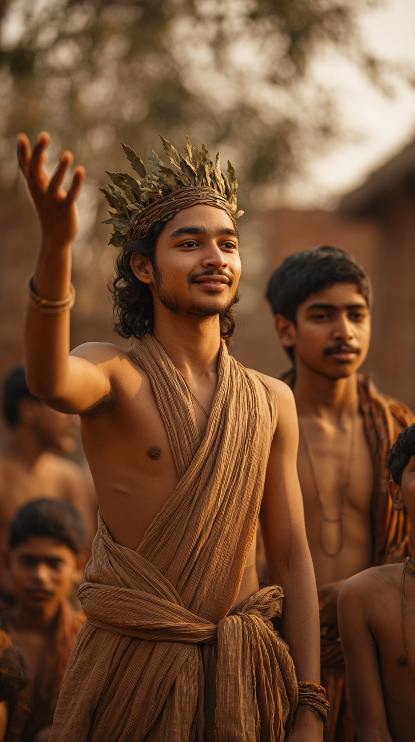 Village Boys Performing Traditional Folk Play in Ancient Indian Courtyard
