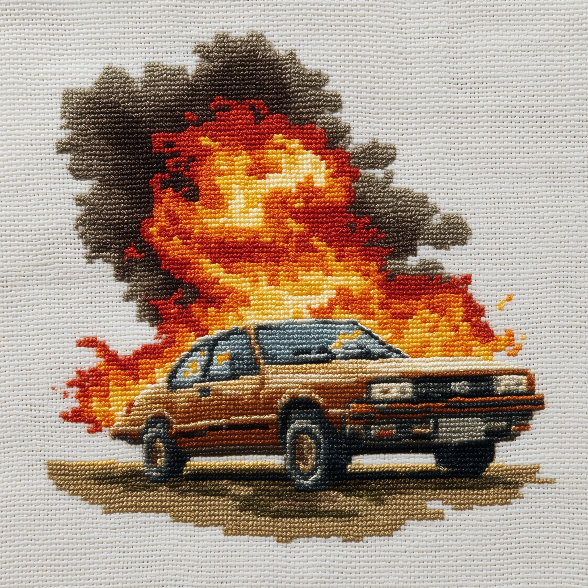 Vintage Car on Fire: Unique Pixel Art Embroidery
