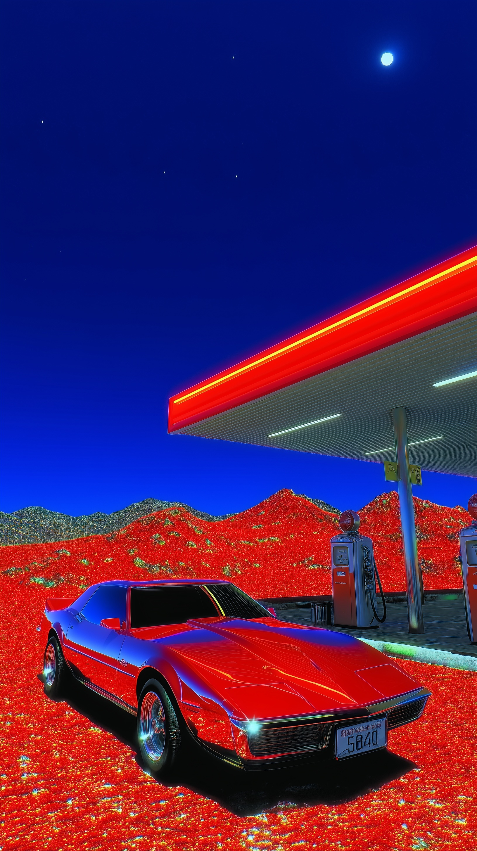 Vintage Muscle Car in Deserted Gas Station Sunset