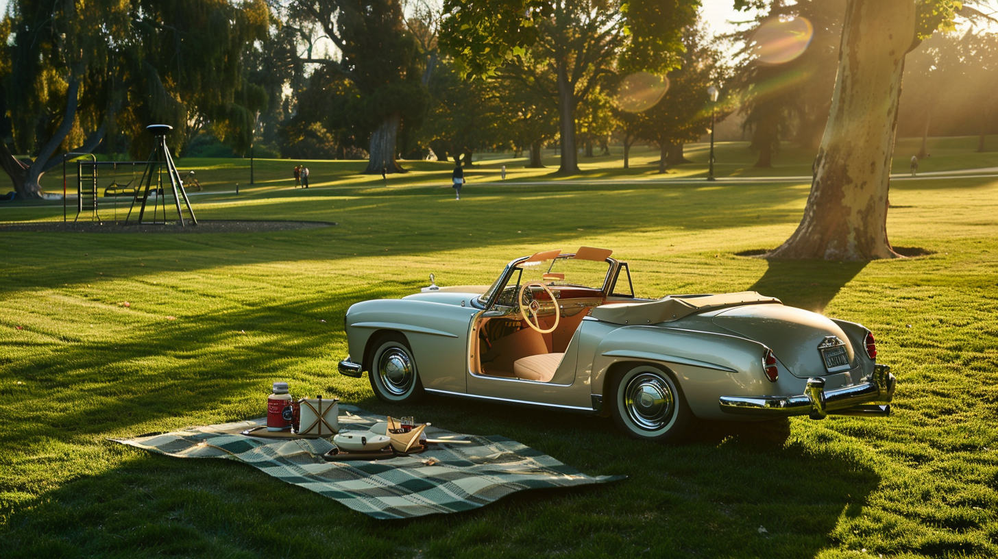 Vintage Silver Convertible Parked on Manicured Lawn with Picnic Setup