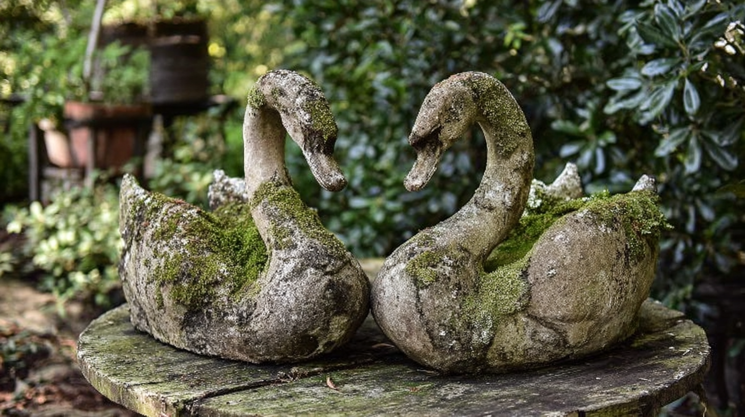 Weathered Swan Planters on a Rustic Garden Table