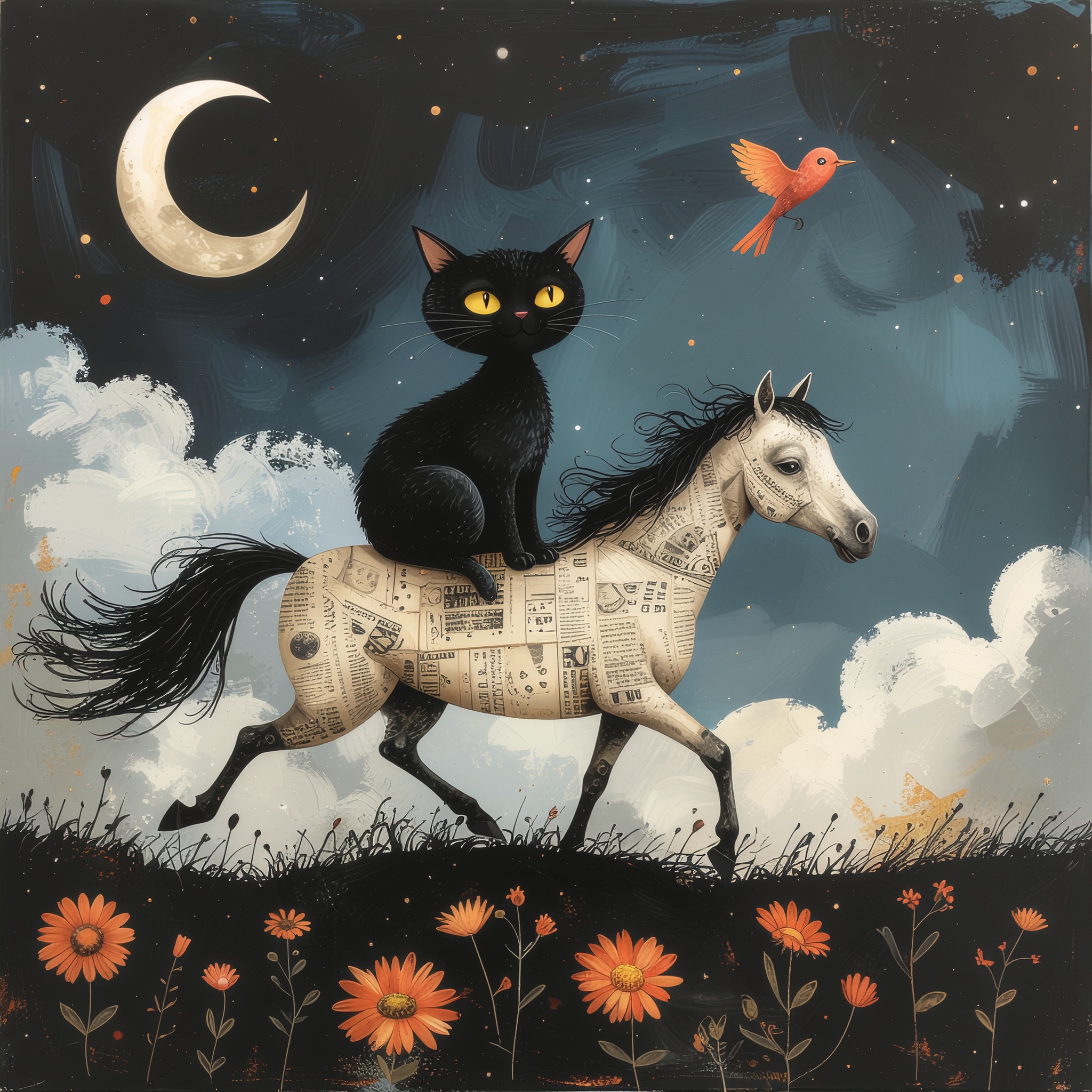 Whimsical children’s storybook illustration—crafted in mixed media with expressive inky brushstrokes, delicate bleach splatters, and thick swirls of oil paint overlays. Imagine a fantastical nighttime