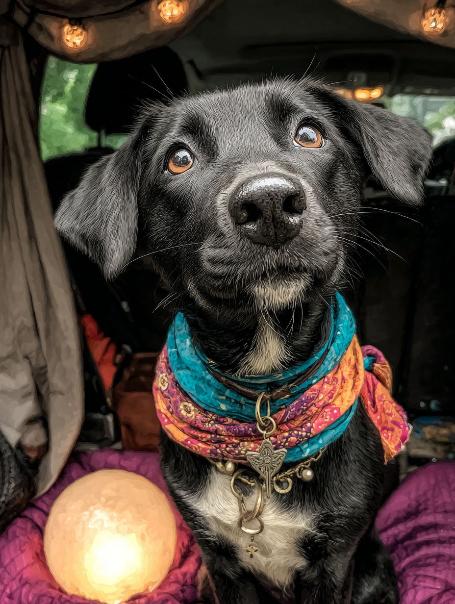 Whimsical Fortune Teller Dog in Cosmic Tent