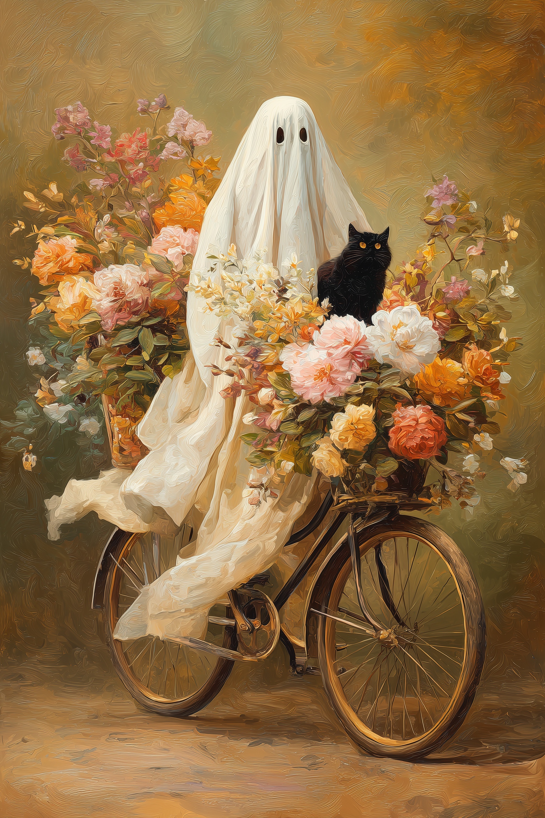 Whimsical Ghost on Bicycle: A Vintage Floral Dream