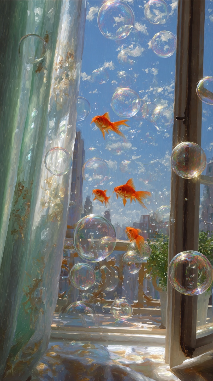 Whimsical Oil Painting: Bubbles and Goldfish Dream