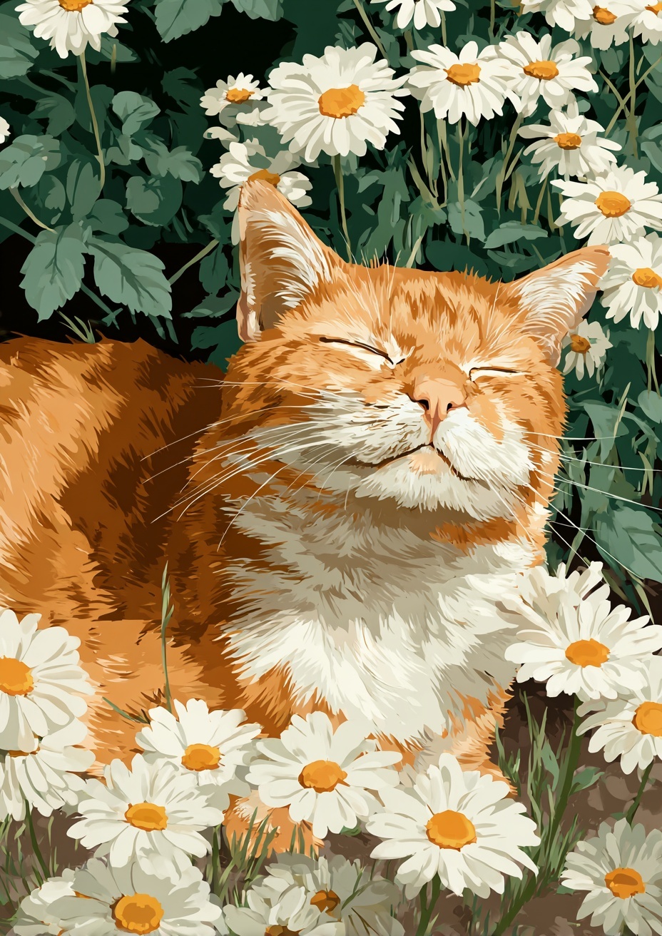 Whimsical Orange Cat in a Flower Bed