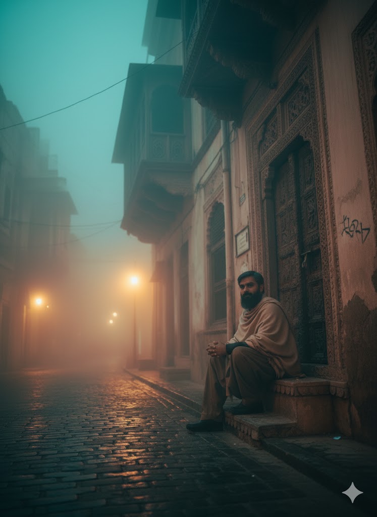 Man in Traditional Attire at Ancient Lahore Building