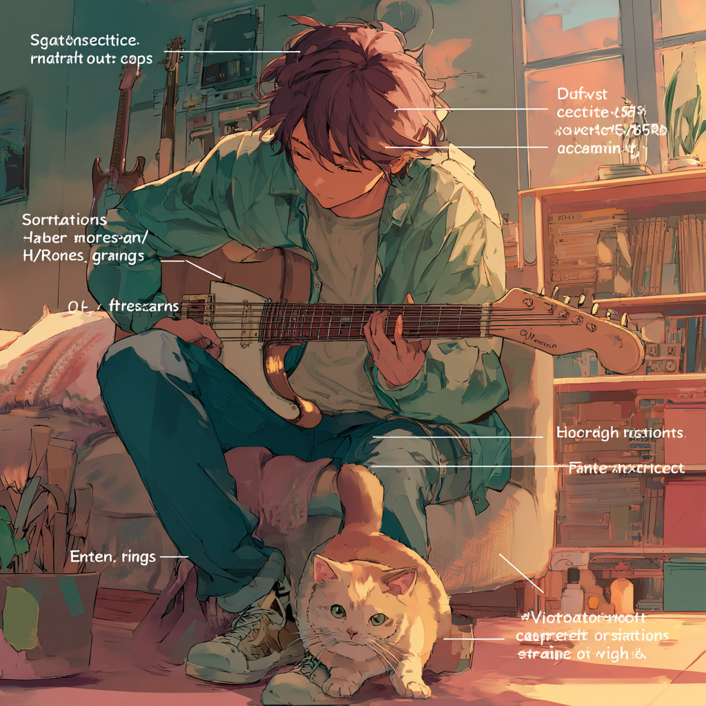 Young Musician Playing Guitar with a Cozy Cat